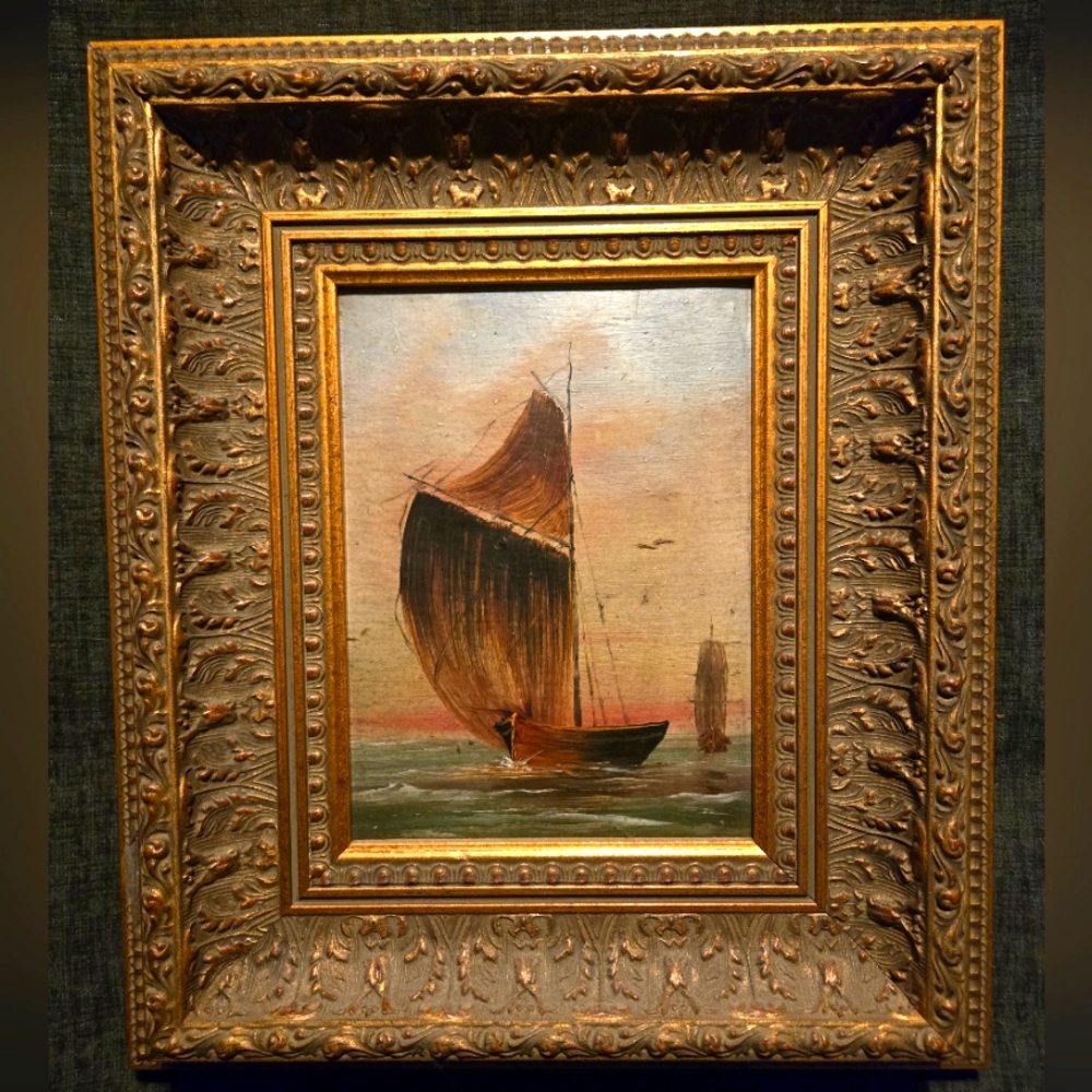 Late-19th Century c.1885 English Gilt Framed Nautical Scene Oil/Panel Painting